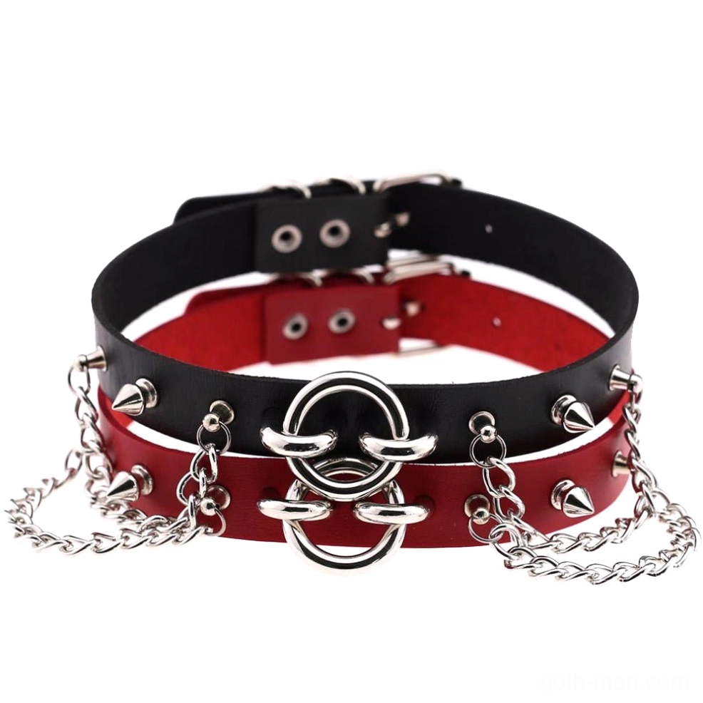 Dual-layer black and red gothic spiked chain choker with silver metal studs - flat overhead view