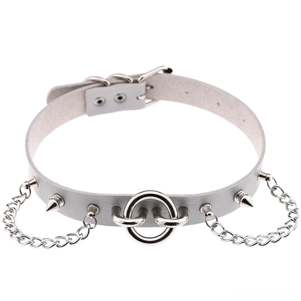 Light grey gothic spiked chain choker with silver hardware details - flat overhead view