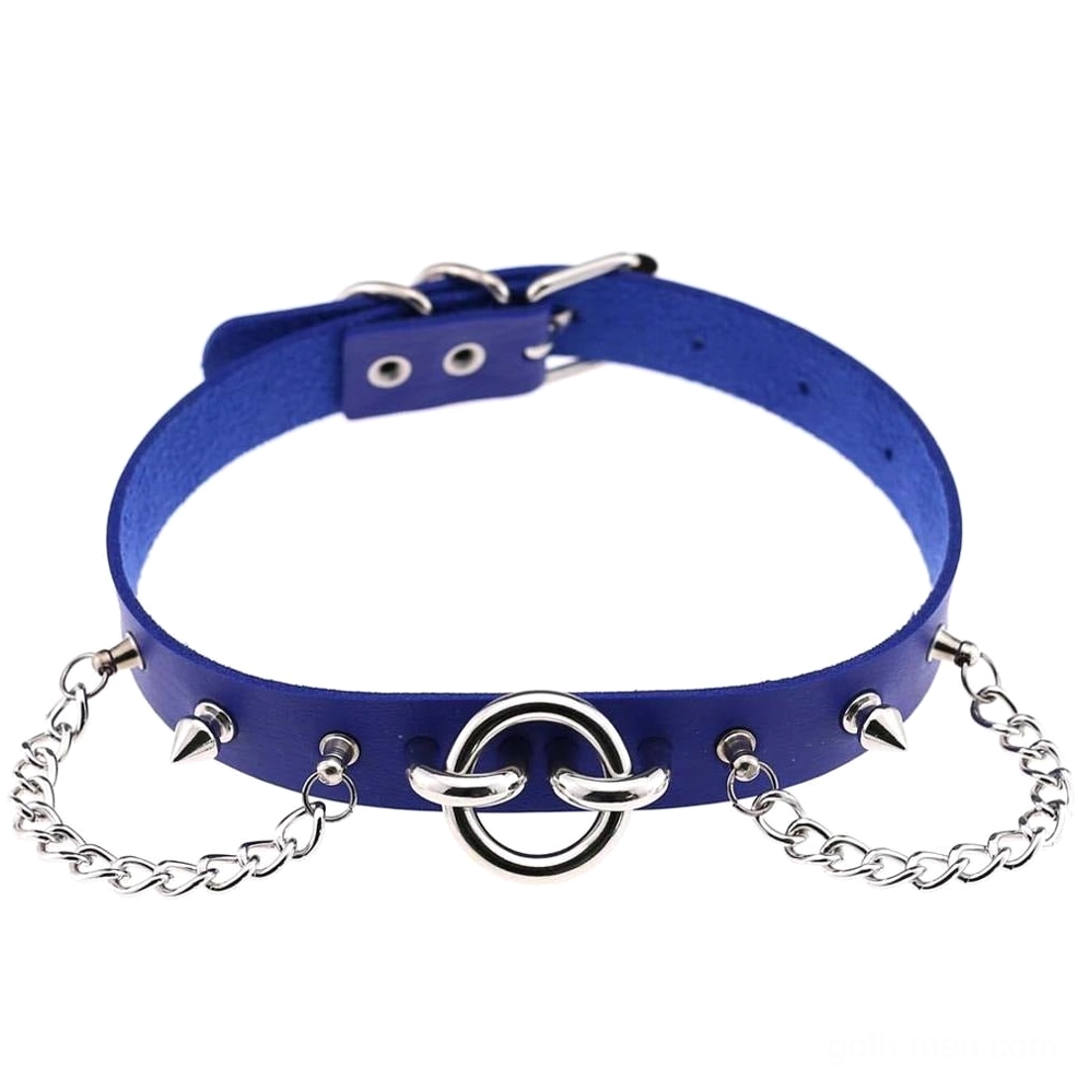 Light blue PU leather gothic choker with metallic studs and chain details - overhead view