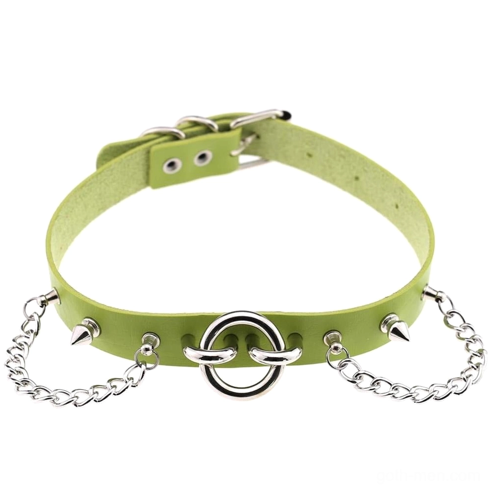 Lime green cyber-goth spiked chain choker with silver metal accents - top-down view