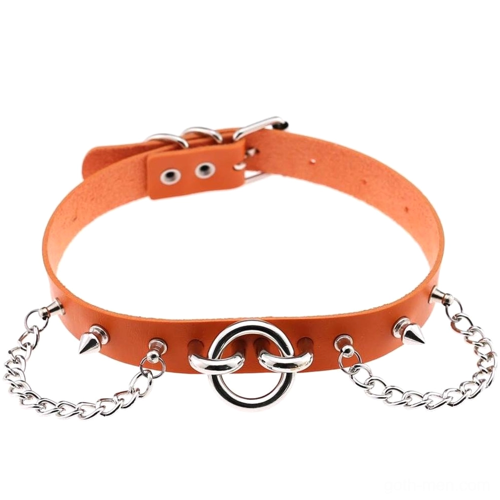 Orange gothic spiked chain choker with zinc alloy metal accents - flat product photography