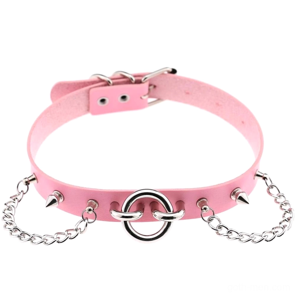 Pink gothic spiked chain choker with silver metal studs - adjustable PU leather design
