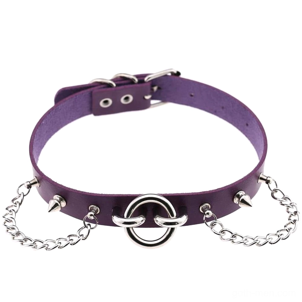 Deep purple gothic spiked chain choker with metallic hardware - alternative style necklace