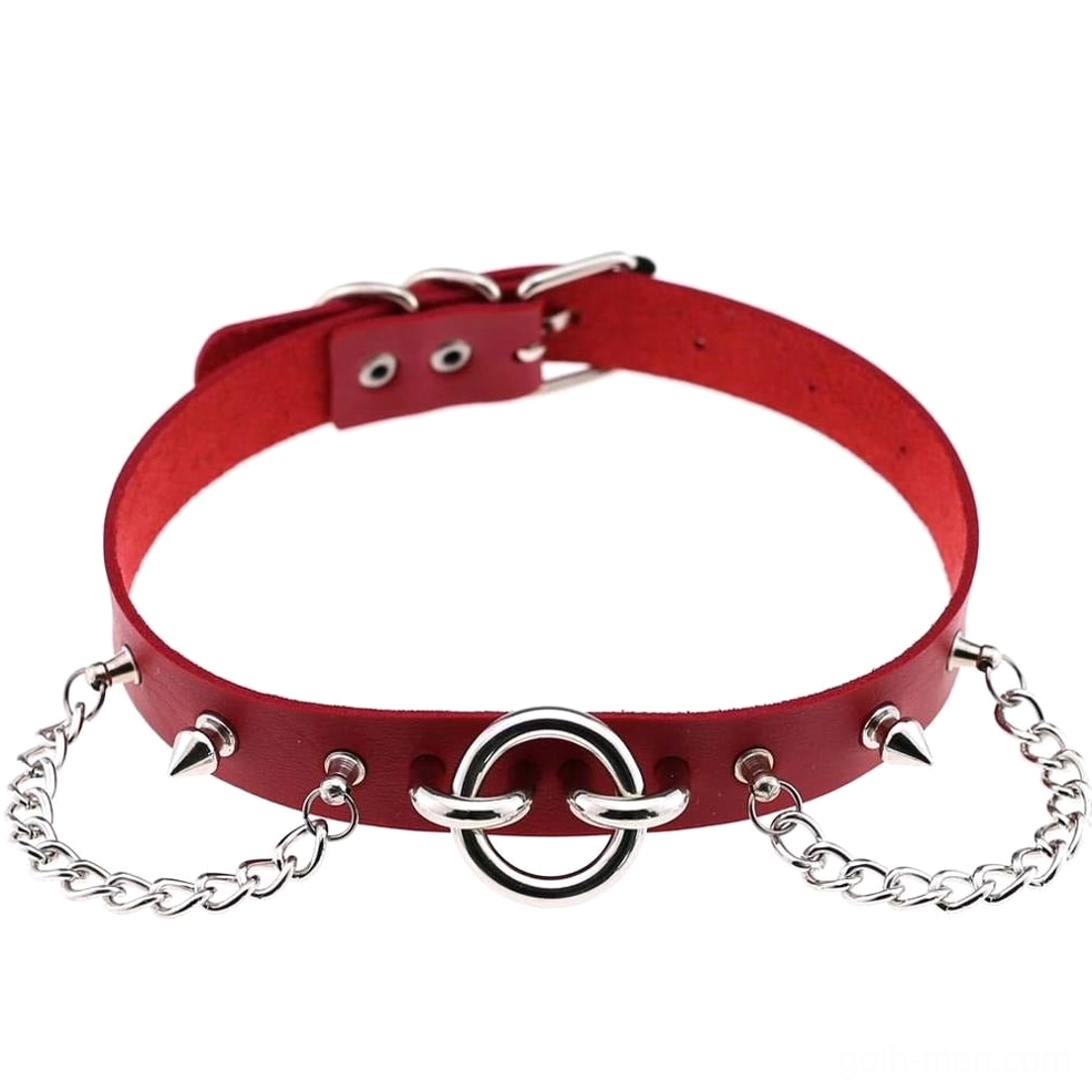 Crimson red gothic spiked chain choker with metal accents - adjustable neck accessory