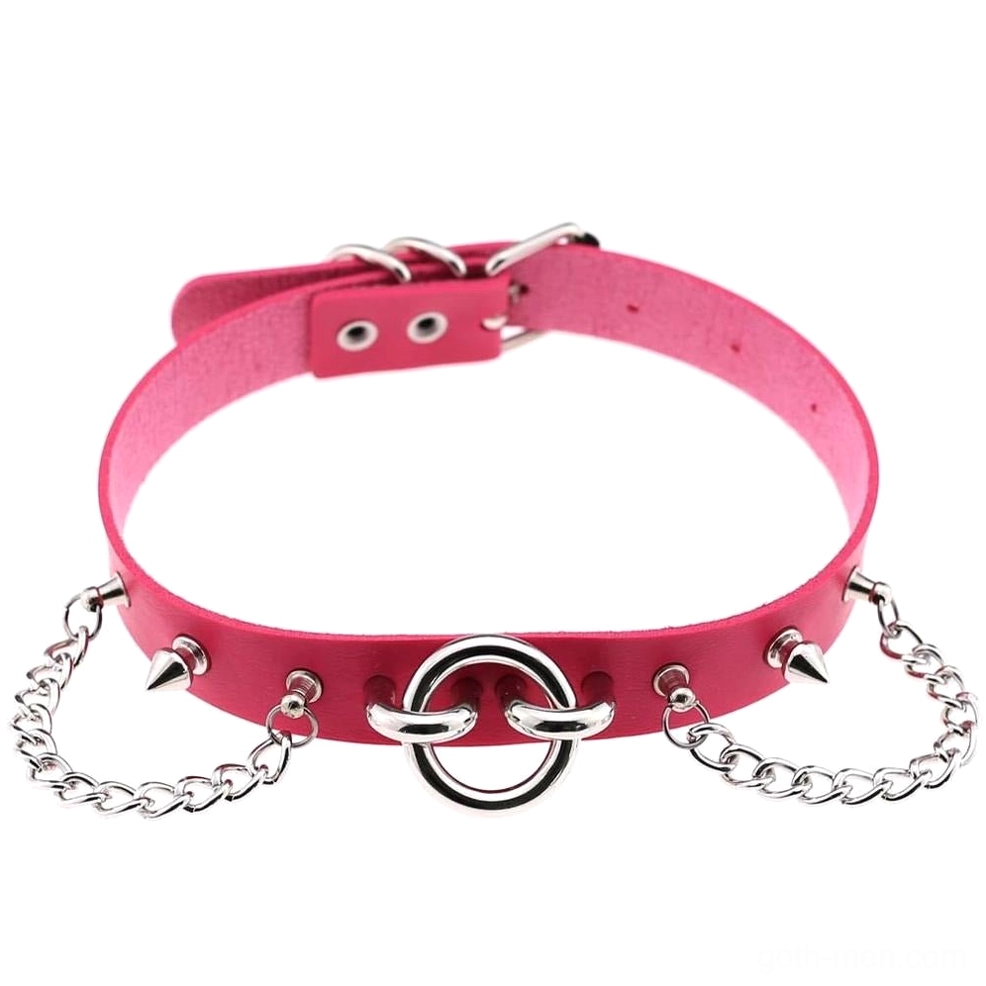 Rose red gothic spiked chain choker with silver studs - PU leather adjustable design