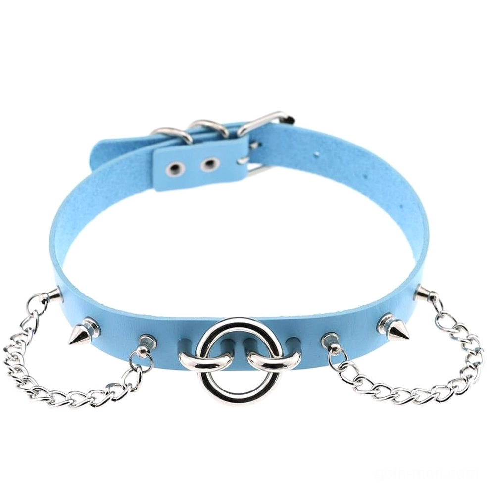 Light blue adjustable gothic choker with spiked chain design - product flat lay