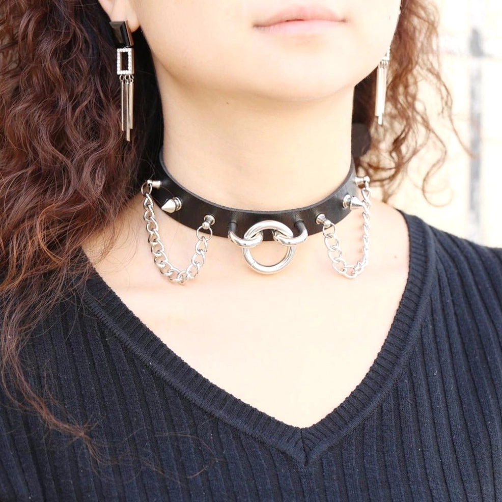 Adjustable gothic spiked chain choker worn styling reference - alternative fashion