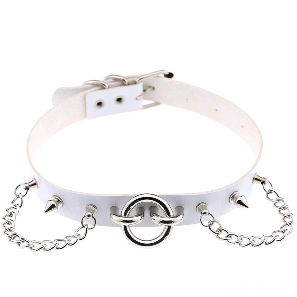 White PU leather gothic spiked chain choker with zinc alloy studs - anti-fashion statement