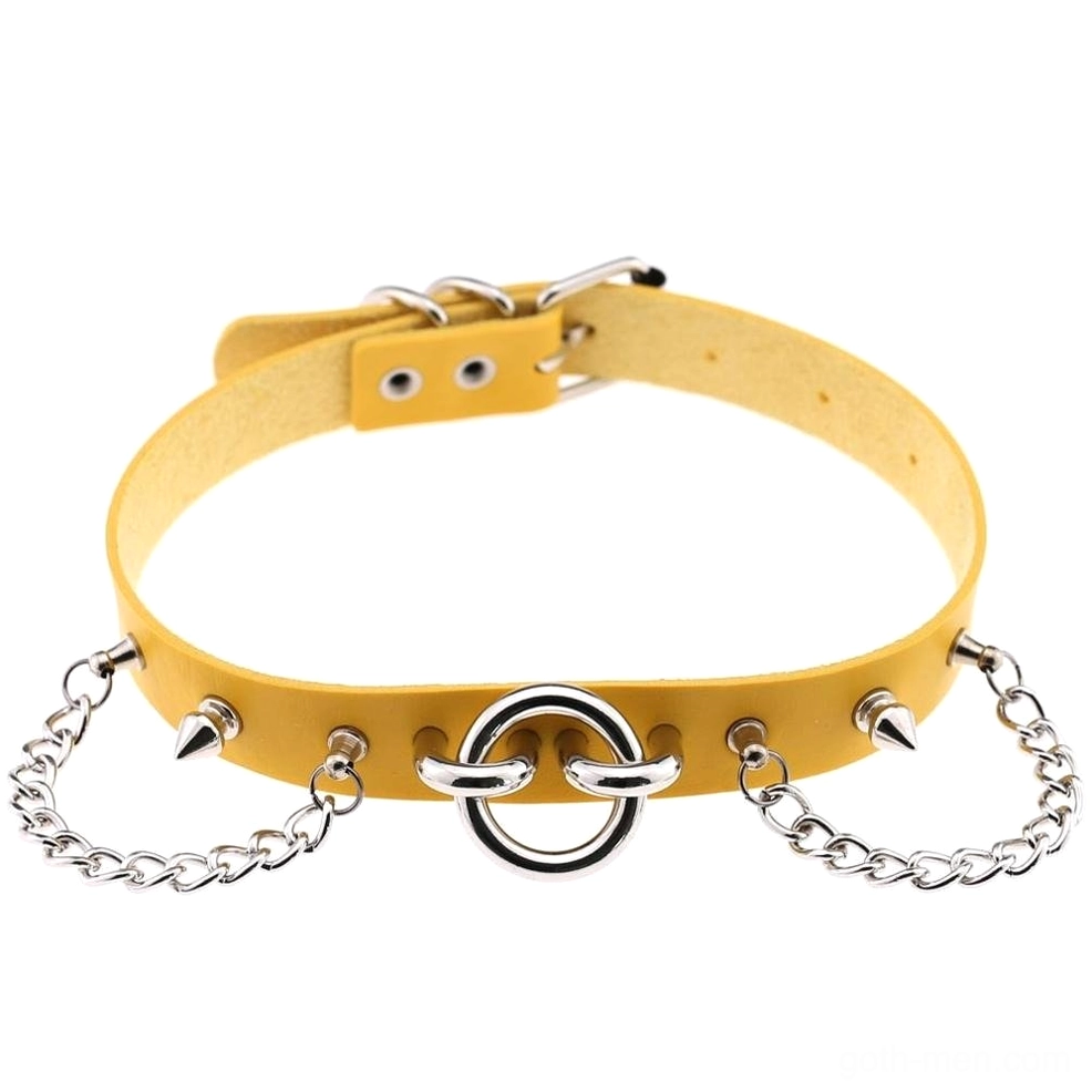 Yellow golden gothic spiked chain choker with metallic accents - contrast dark fashion style
