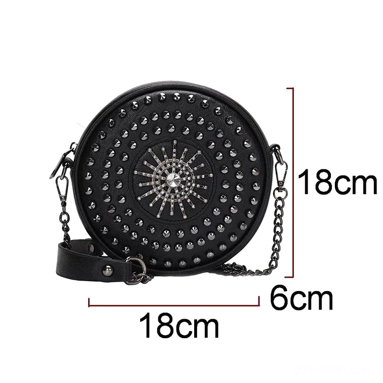 Black rivet round crossbody bag showing 18x18x6cm size dimensions with metal chain strap and studded design