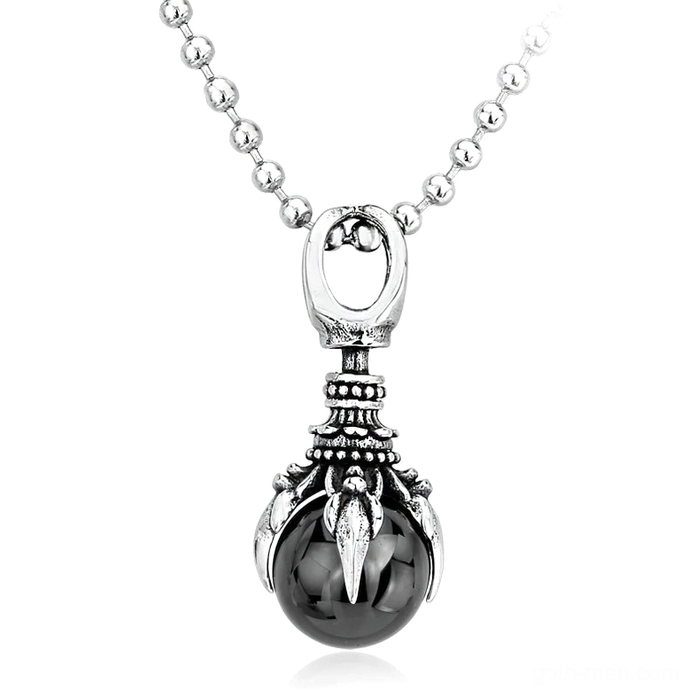 Black gothic claw pendant necklace with stainless steel beaded chain, overhead studio shot