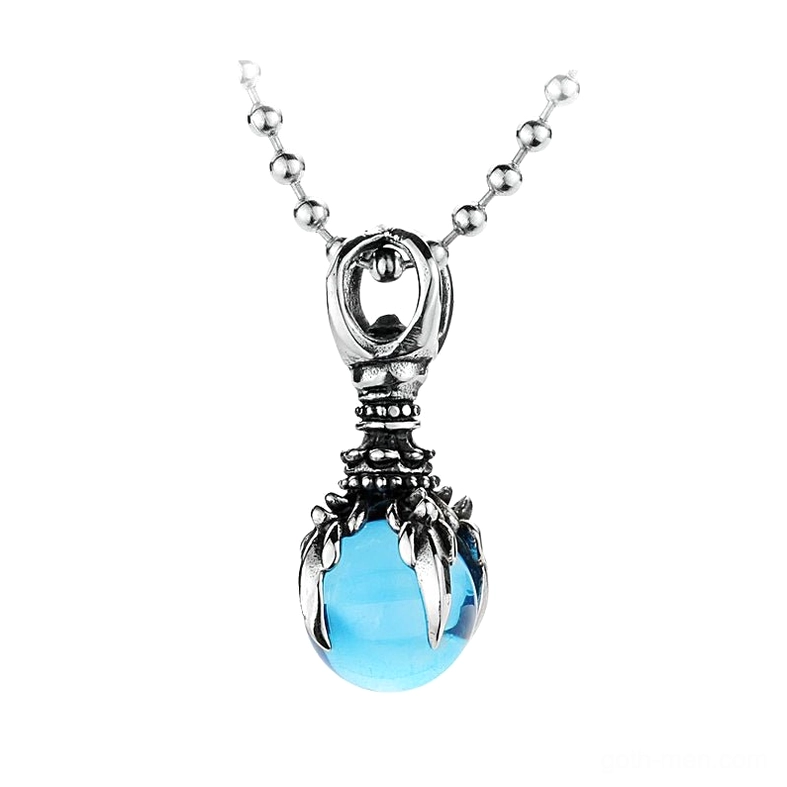 Blue gothic claw stone pendant necklace with stainless steel chain, front angle display