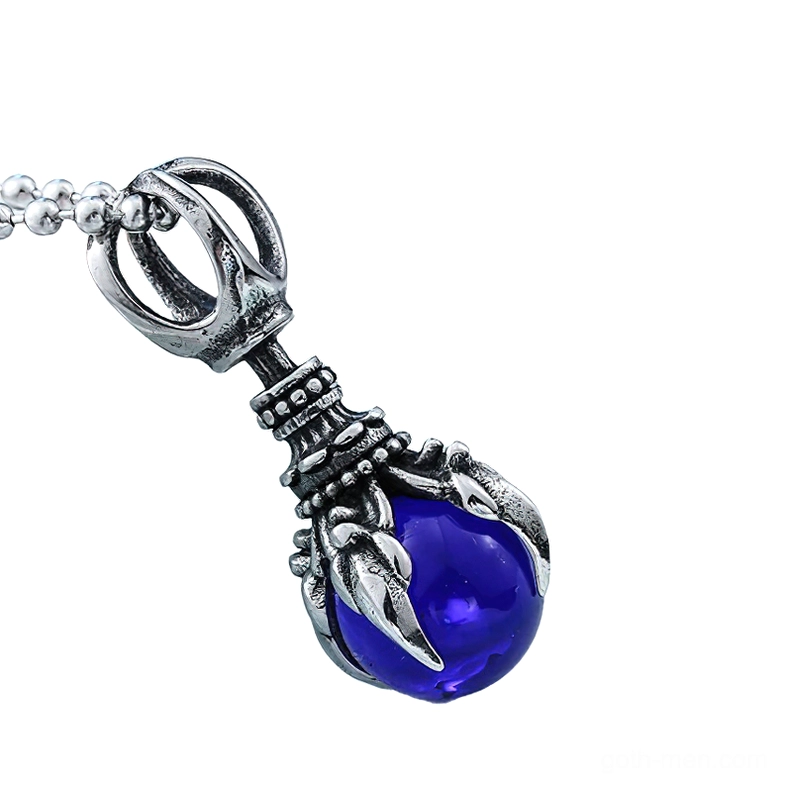 Dark blue gothic claw pendant necklace side view, stainless steel details visible