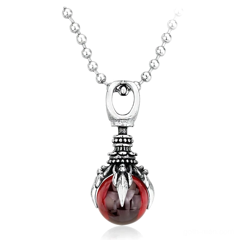 Red gothic claw stone pendant necklace with stainless steel beaded chain, front view showcase