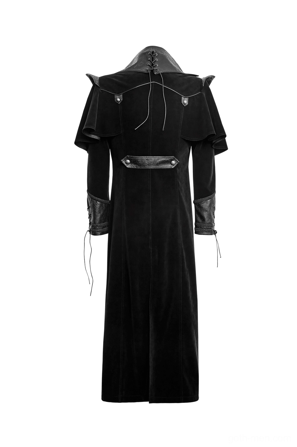 Black gothic cloak rear flat lay display showing back waist leather panel and lace-up shoulder straps