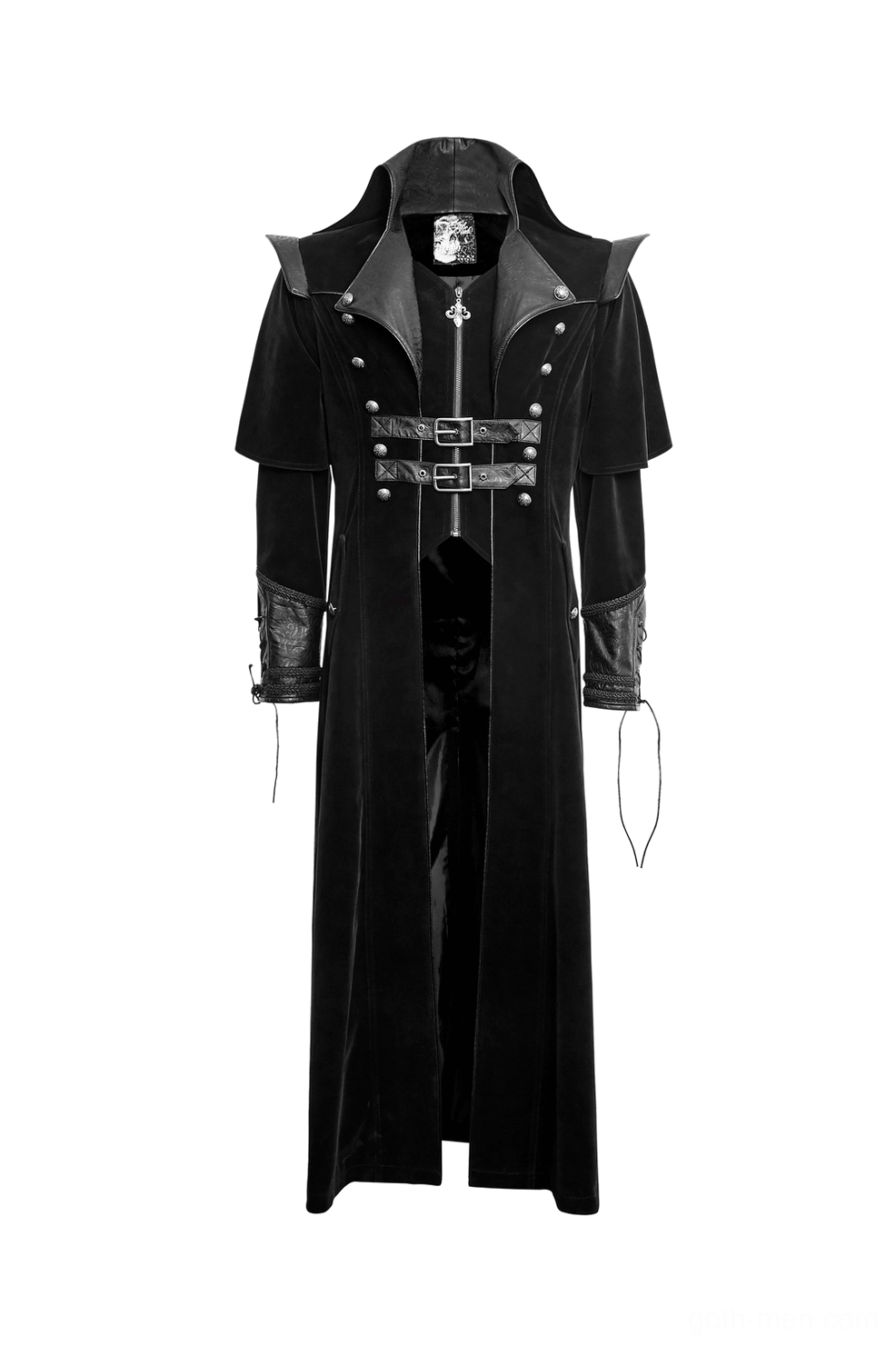 Black gothic velvet cloak product flat lay with embossed leather neck trim and ornate cross pendant detail