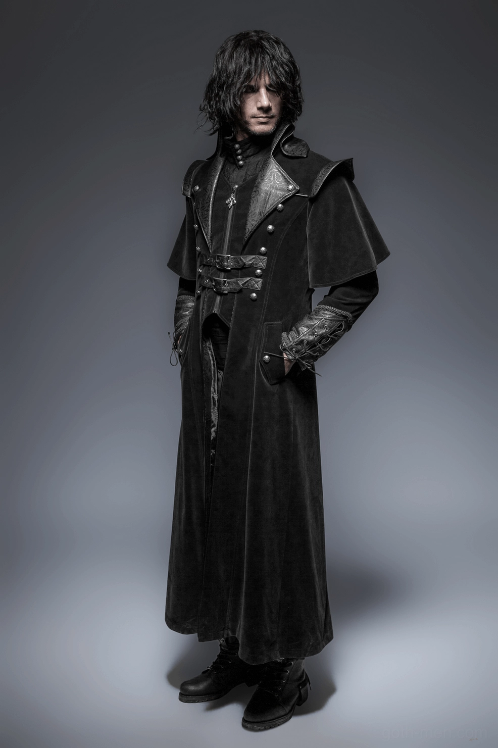 Black gothic velvet cloak full garment display showing complete construction with all leather and hardware details
