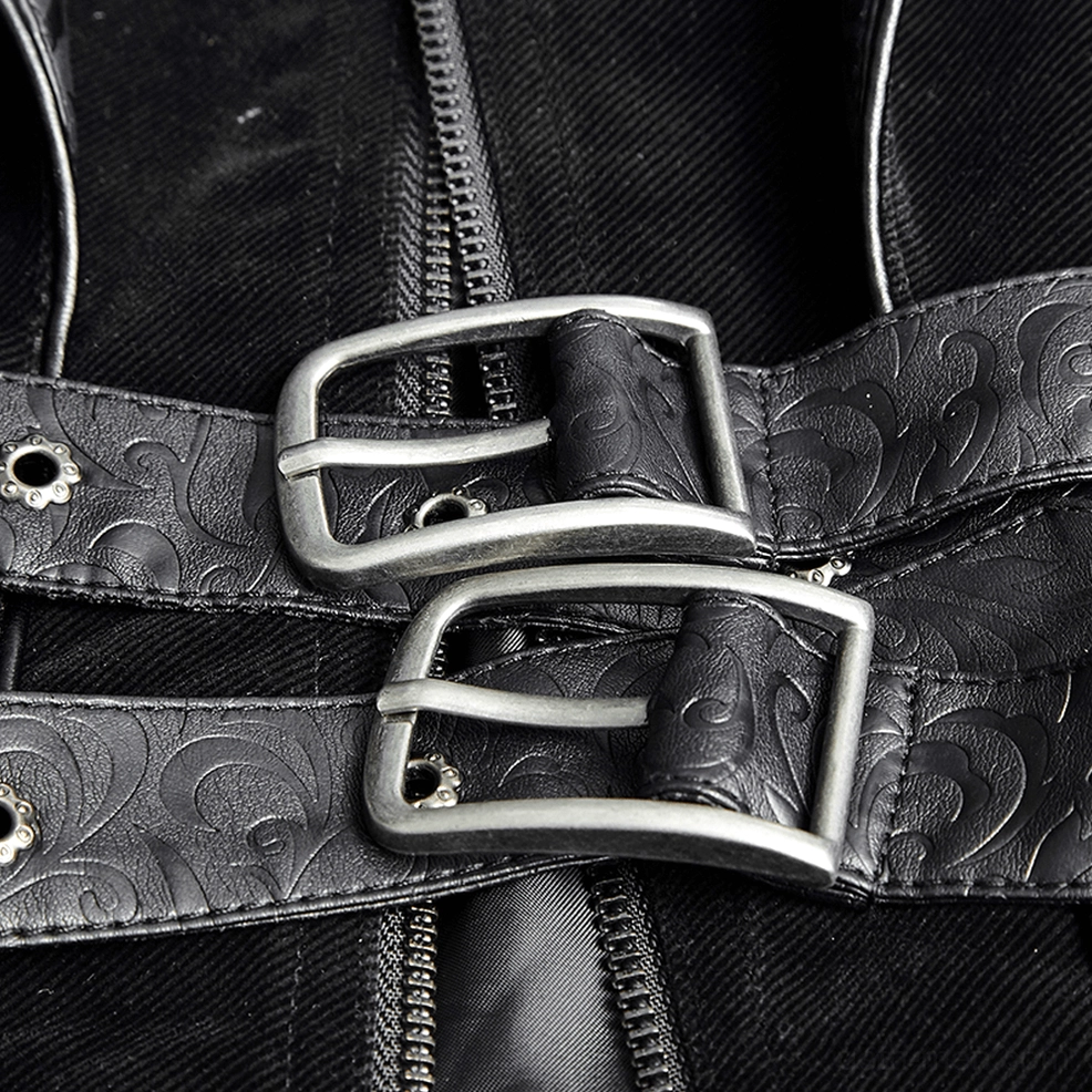 Men's gothic cloak front detail view highlighting embossed leather accents and structured neckline construction