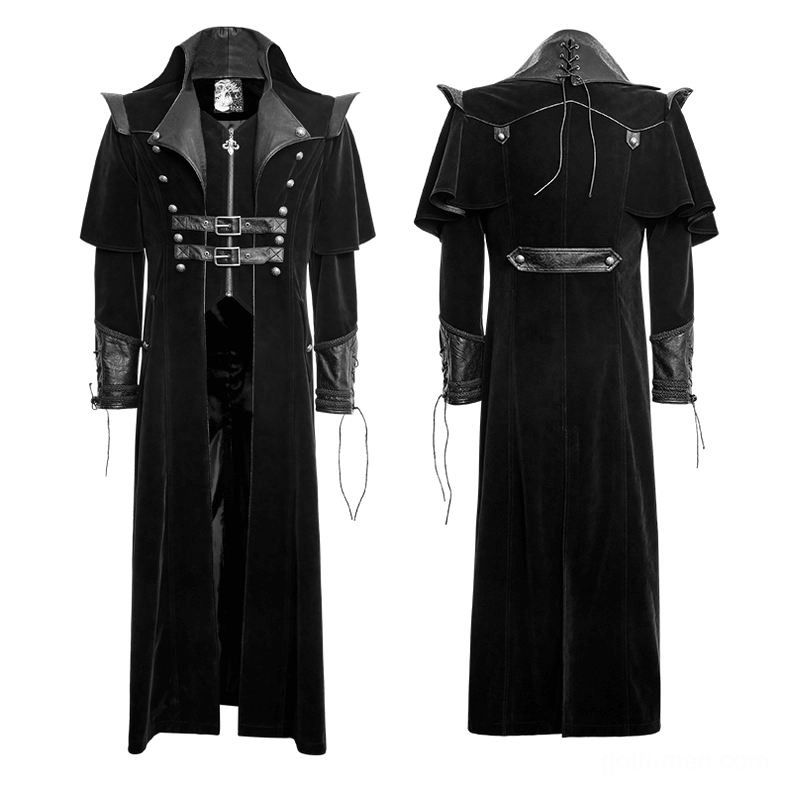 Victorian gothic men's velvet cloak full product display showing embossed leather collar and double buckle belt system
