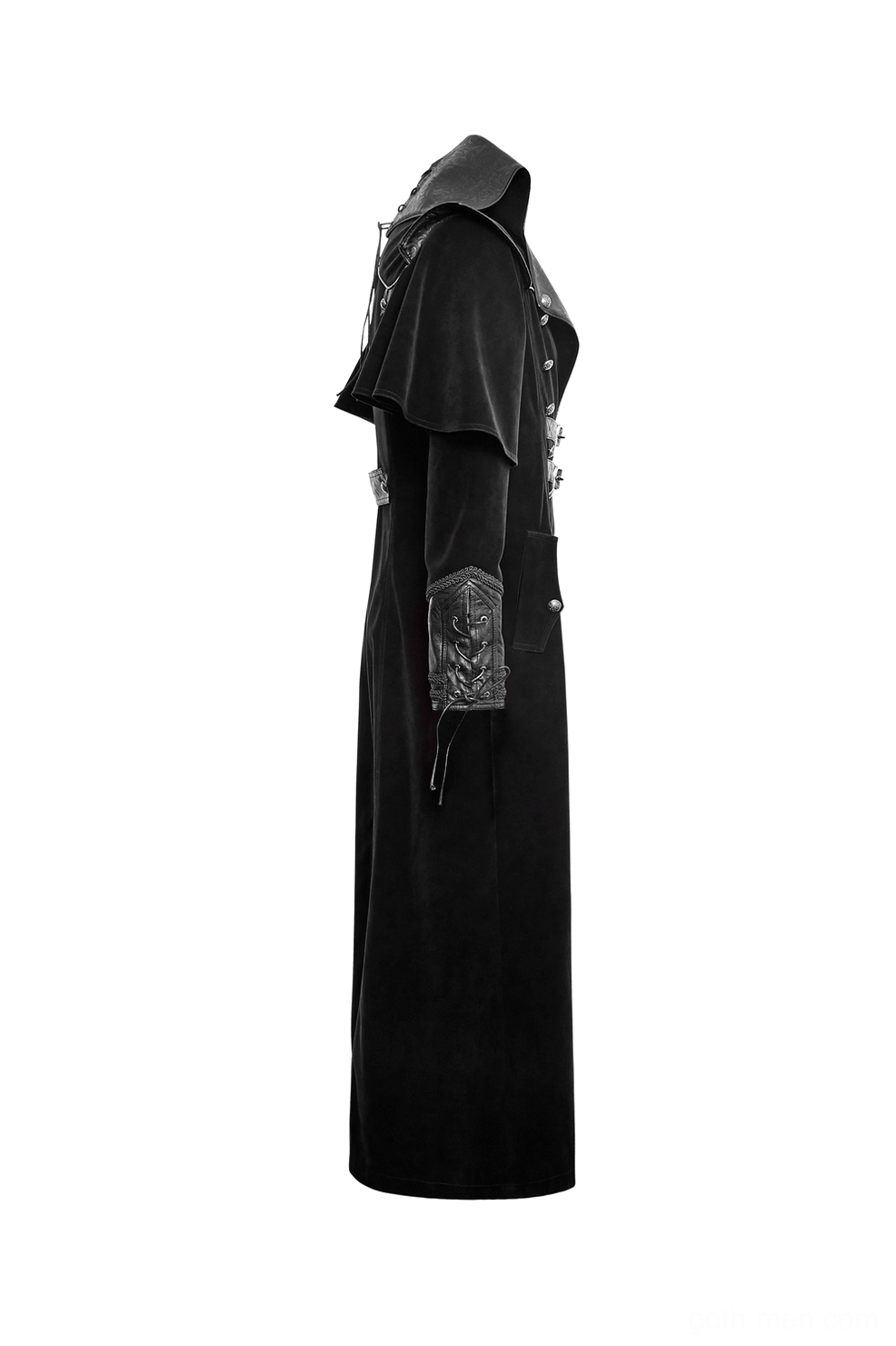 Men's gothic velvet cloak side profile showing capelet shoulder design embossed leather cuffs and structured silhouette