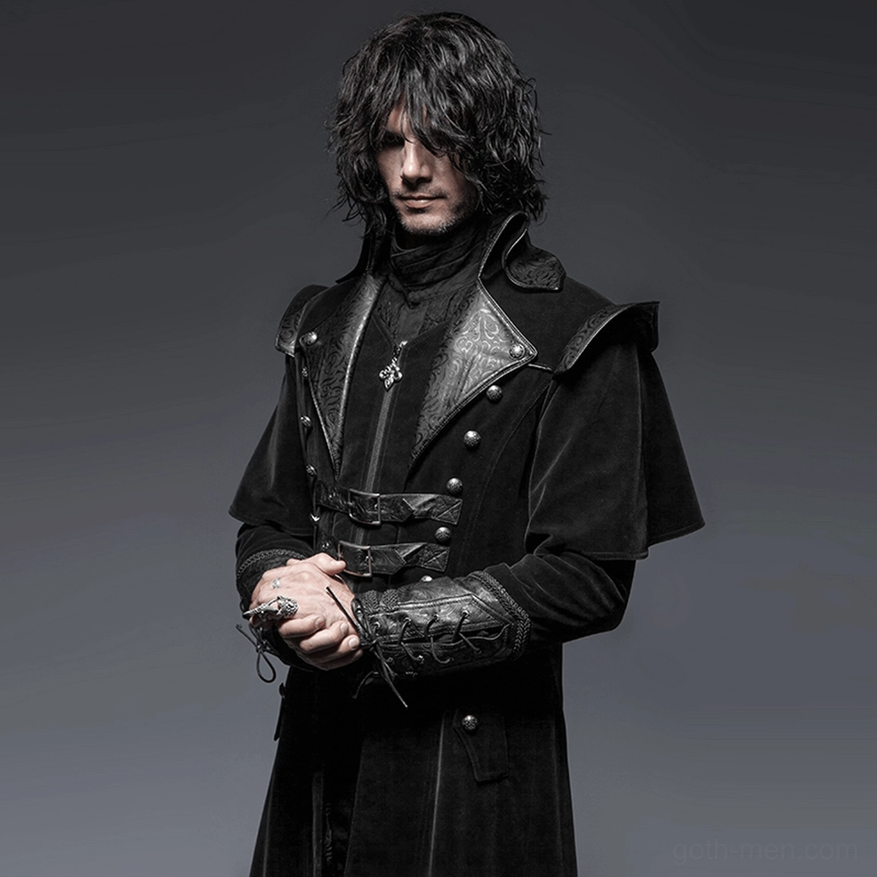 Gothic men's velvet cloak texture close-up showing premium black velvet fabric quality and nap