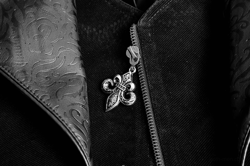 Fleur-de-lis zipper pull and velvet fabric close-up detail of men's gothic cloak demonstrating hardware craftsmanship