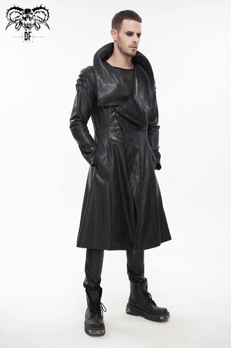 Detail of gothic coat front asymmetrical closure mechanism, showing metal snaps, zipper elements, and wrap front design