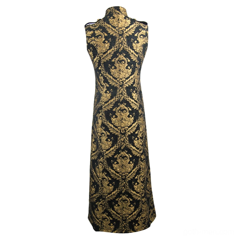 Back full-body view of black embroidered sleeveless gothic coat with intricate gold damask pattern