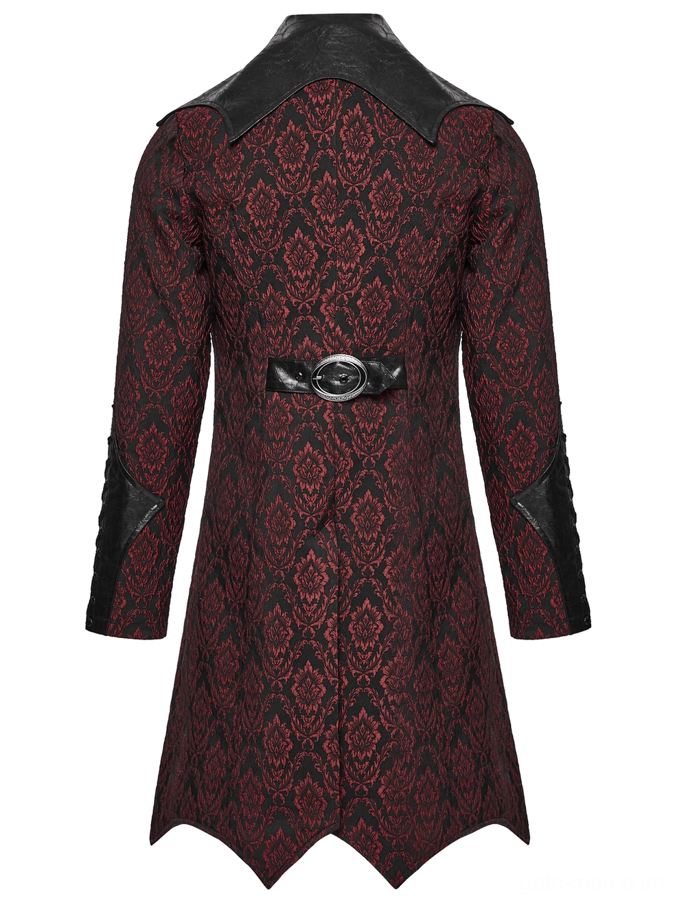 Back view of gothic coat showing metal buckle waist belt and jagged hem construction