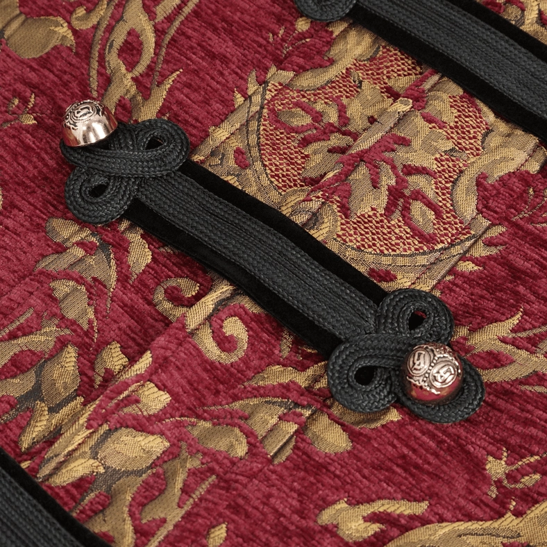 Close-up of gothic coat front fastener system showing traditional black silk knot toggles paired with silver metal button accents