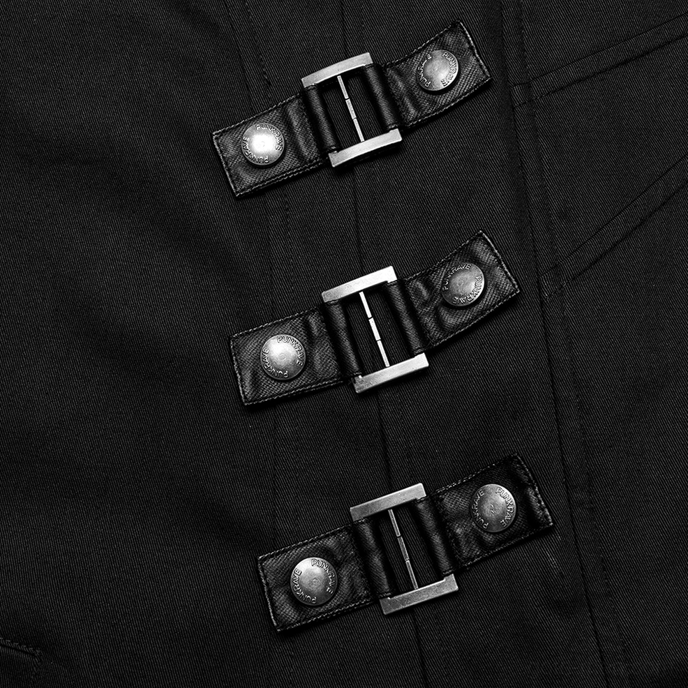 Antique silver metal buckles and leather straps with rivet fasteners from gothic trench coat