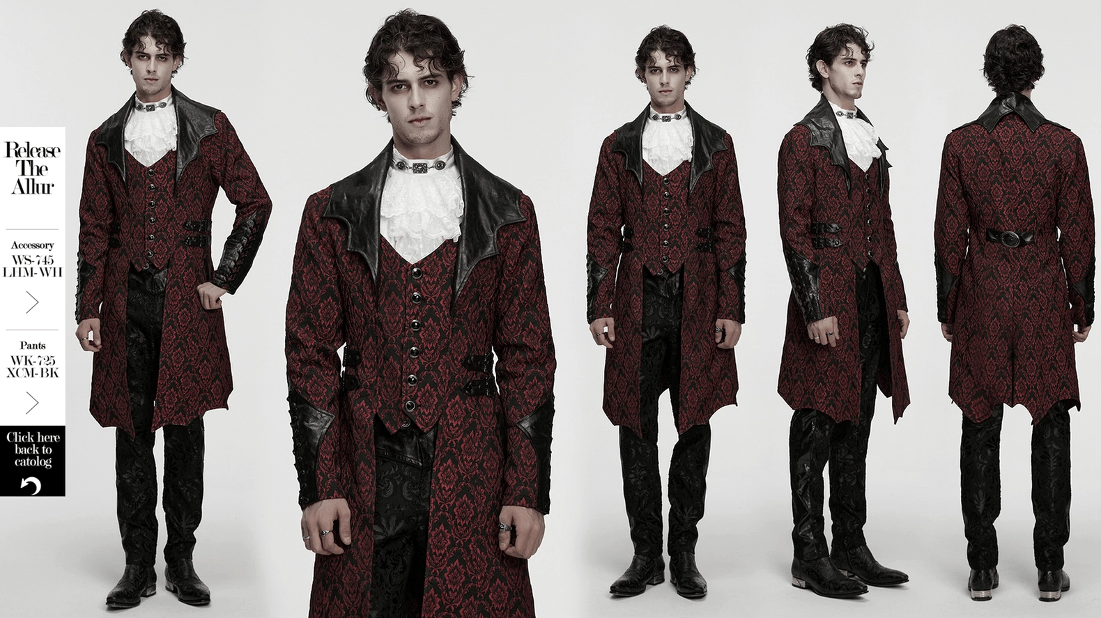 Close-up showing gemstone button details and leather cuff eyelet drawstrings on gothic coat