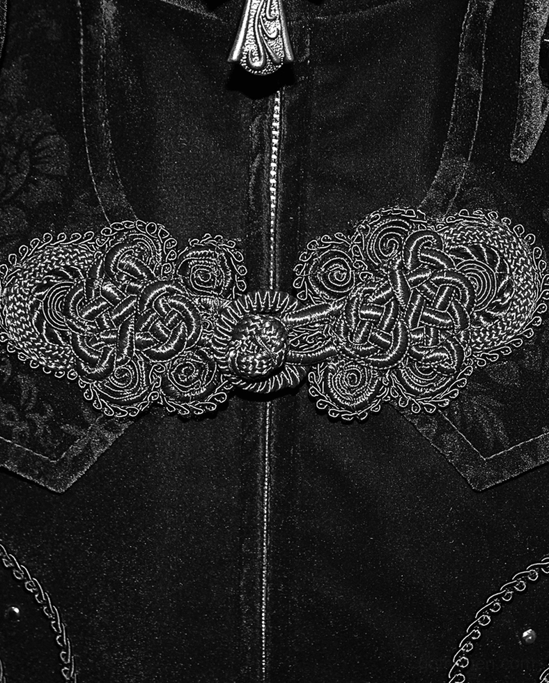 Black velvet gothic coat front trim Celtic knot embroidery detail with ornate metal decorative fastener