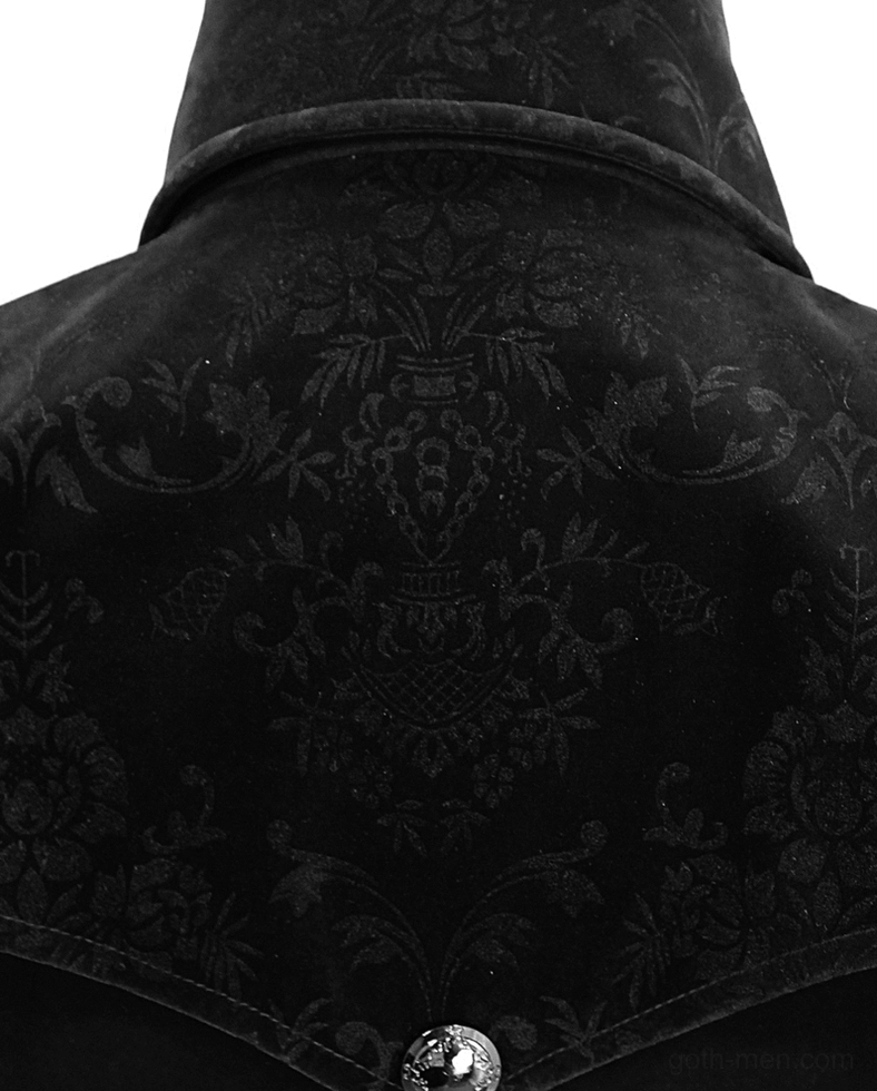 Close-up of black velvet gothic coat removable stand collar with embossed damask texture and metal button detail