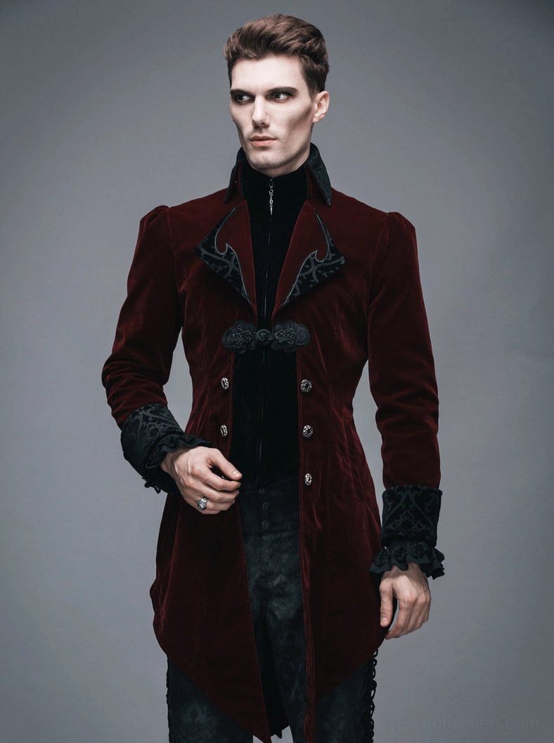 Detailed view of steampunk gothic coat collar showing matching gothic lapel trim and black inner lining