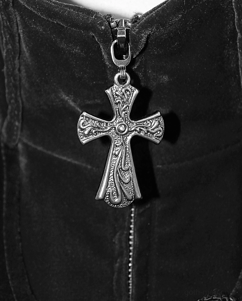 Black velvet gothic coat metal cross-shaped zipper pull detail on matte black velvet fabric