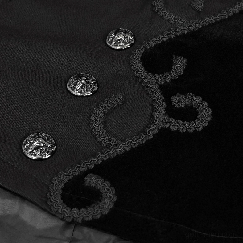 Gothic coat embroidered trim and decorative elements on formal black jacket, showing vintage craftsmanship
