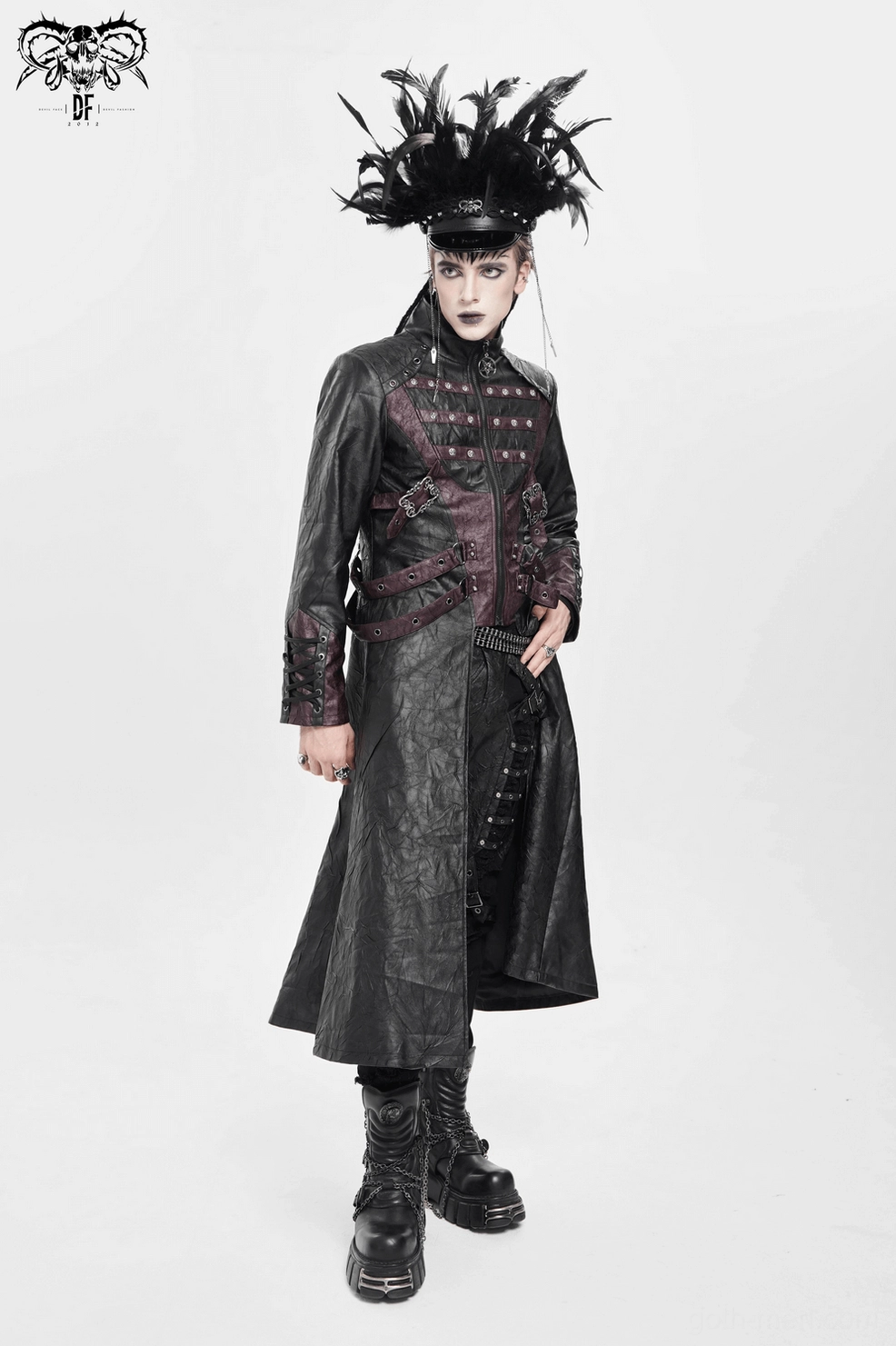Gothic long coat on model demonstrating fitted construction and commanding alternative fashion aesthetic