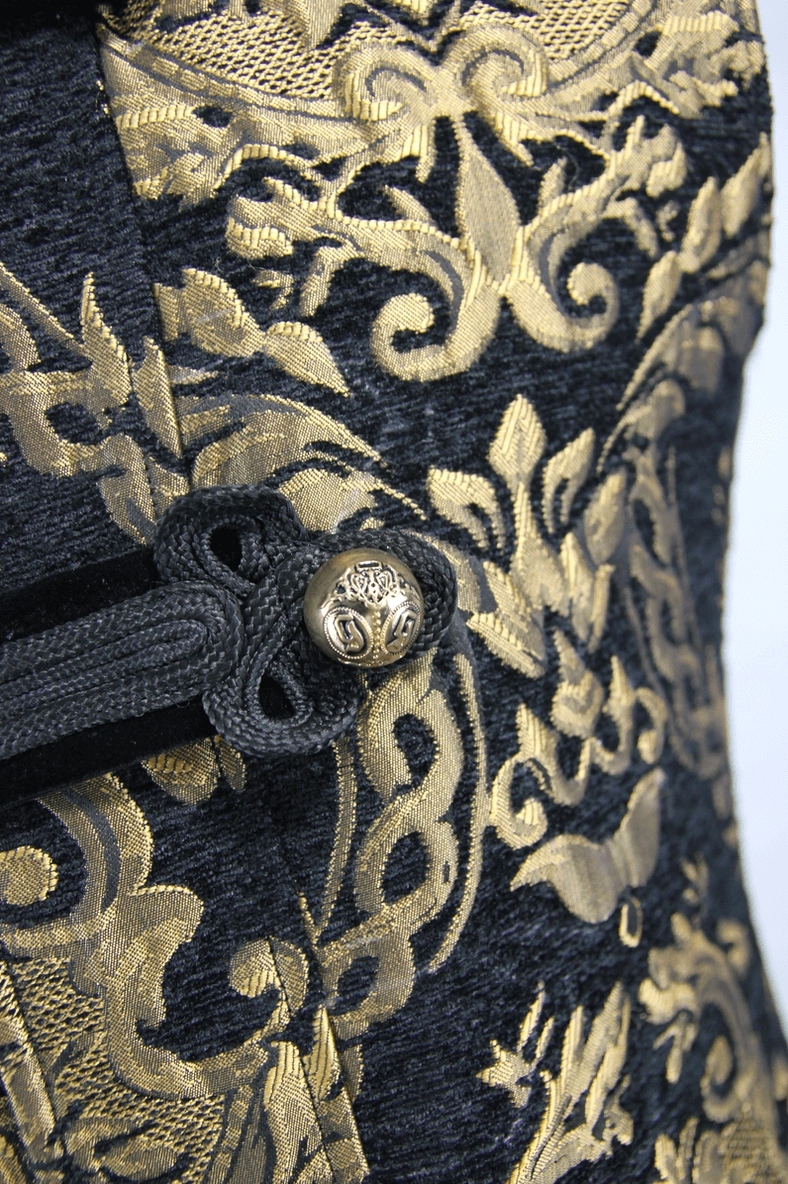 Close-up of traditional frog button closure and braided Chinese-style fastener on gothic coat