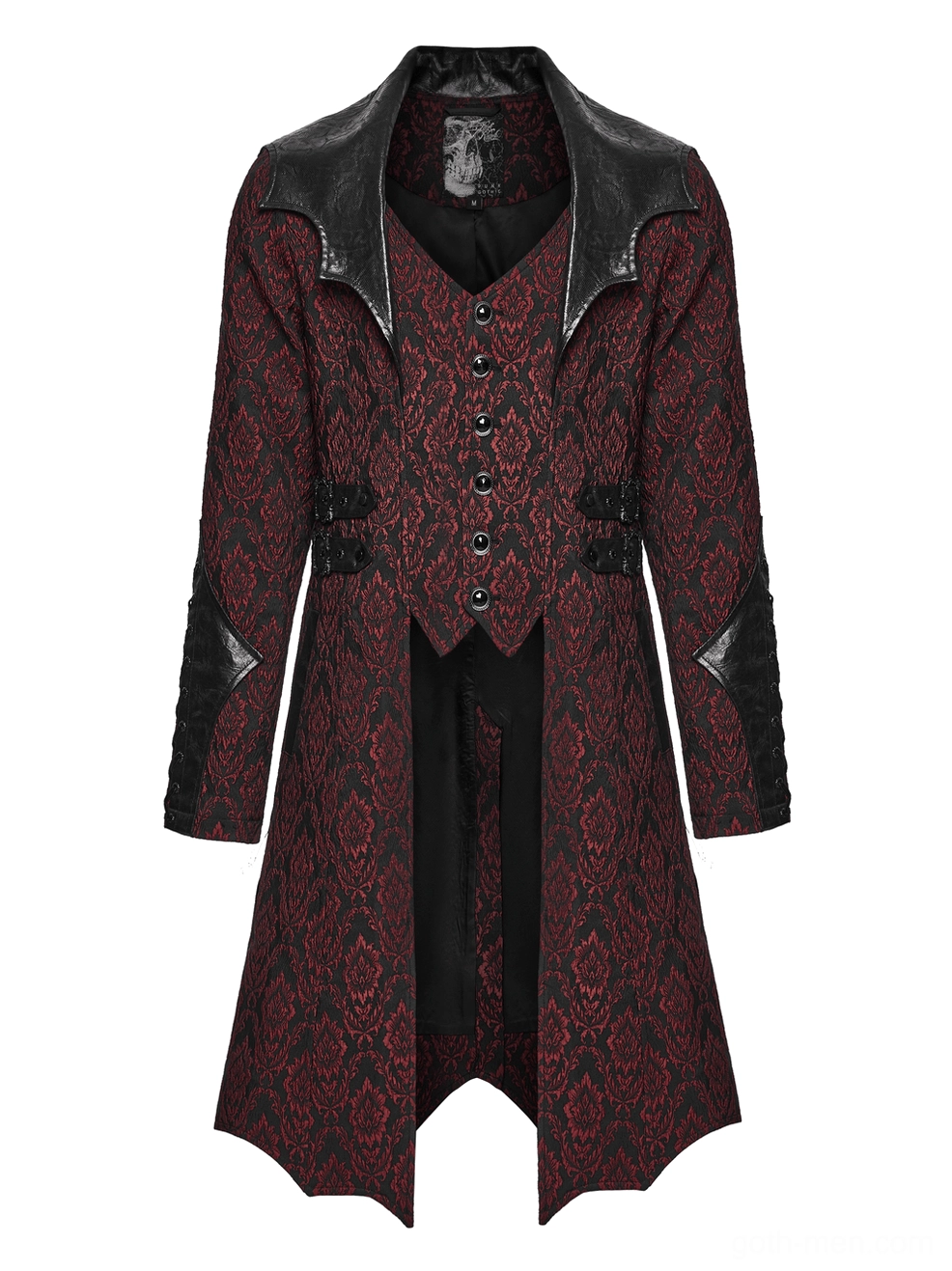 Gothic coat front panel detail showing button fastening and side adjustment buckles