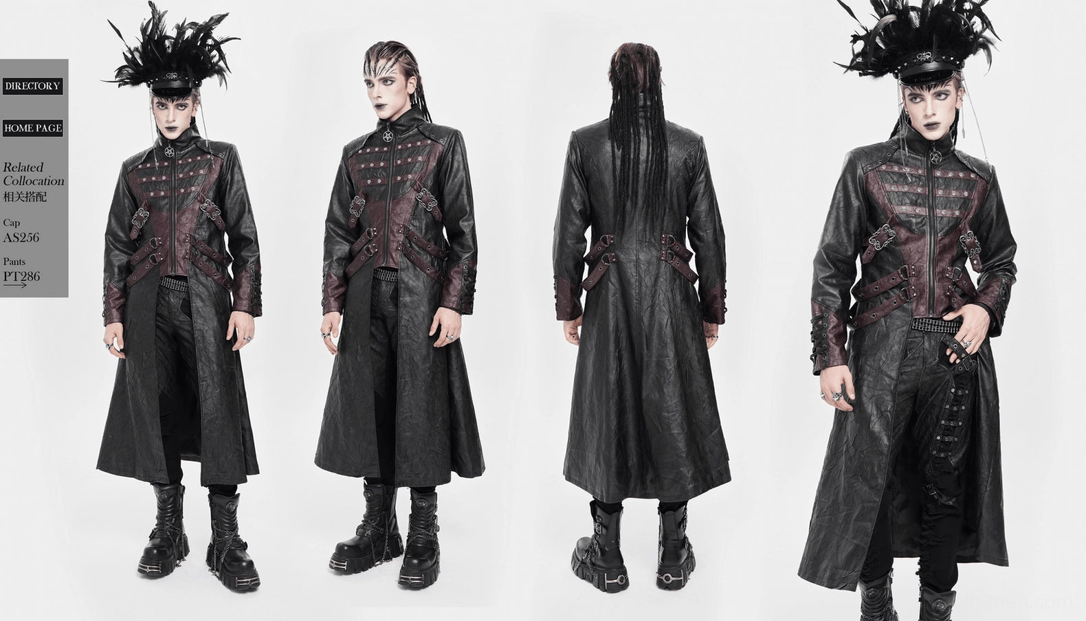 Gothic buckled coat full length view with floor-length hem, wine red accents, metal studs, and structured drape