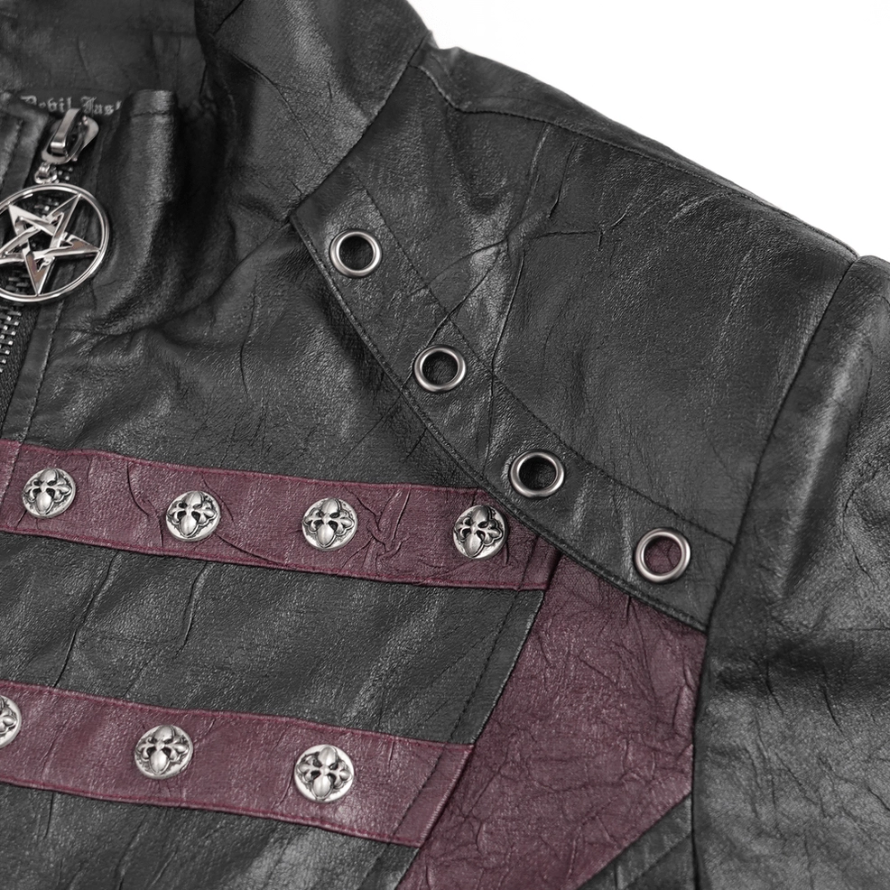 Detailed close-up of gothic coat metal hardware including eyelets, pentagram stud buttons, wine red accent buckle straps