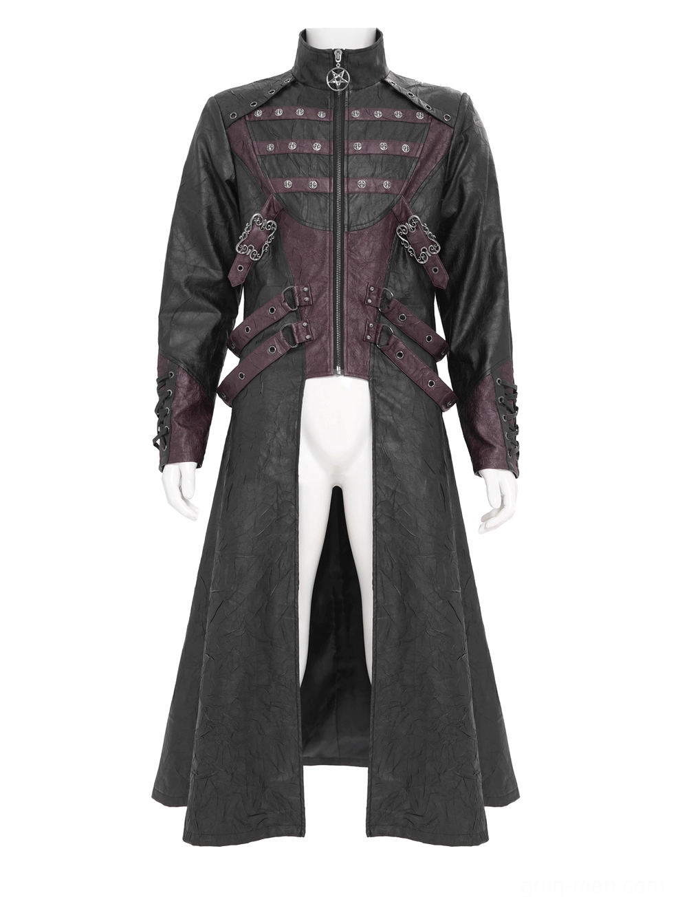 Gothic long coat full front view on mannequin showing high stand collar, front zipper, structured buckle panels