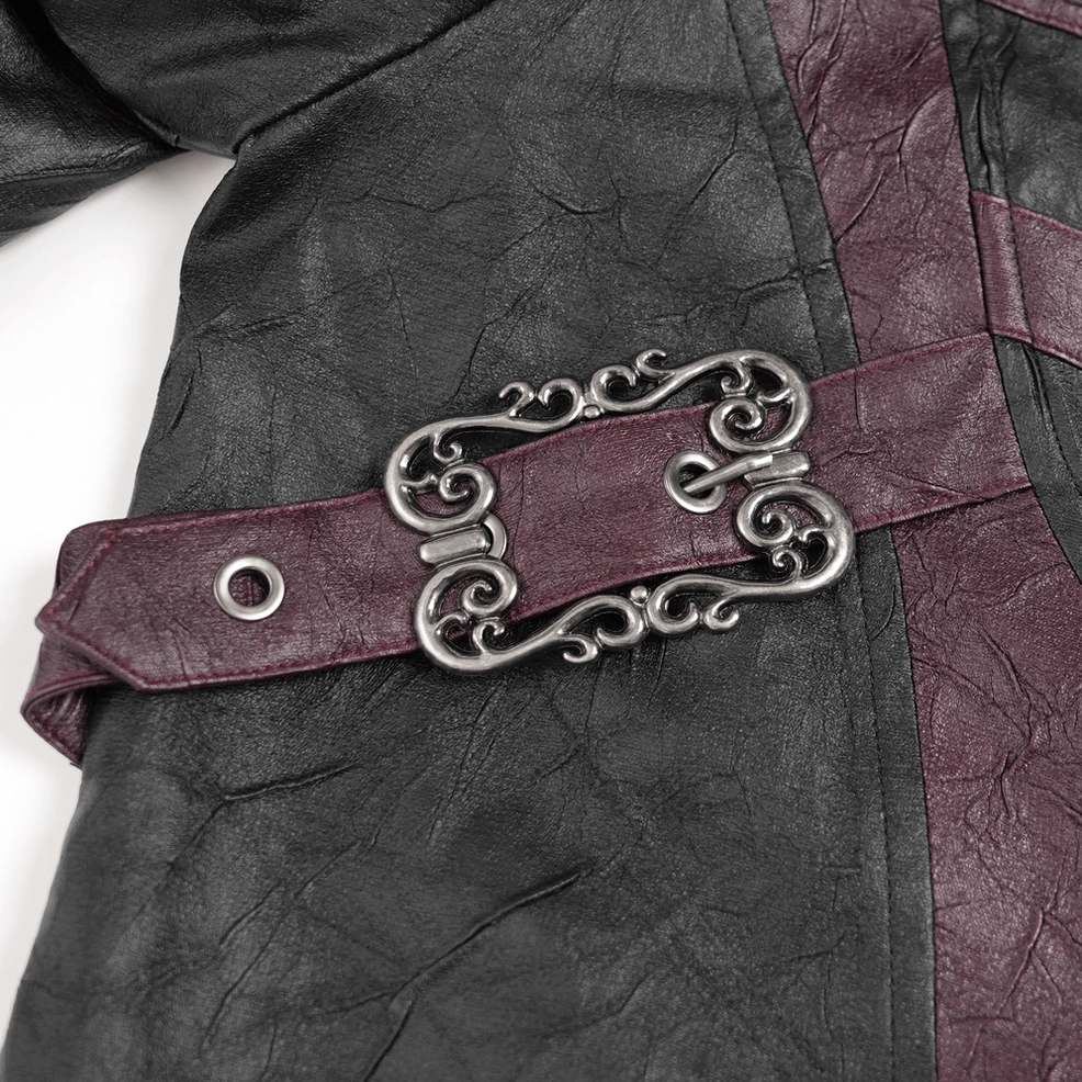 Gothic pentagram coat metal buckle hardware and wine red strap details showcasing industrial steampunk elements