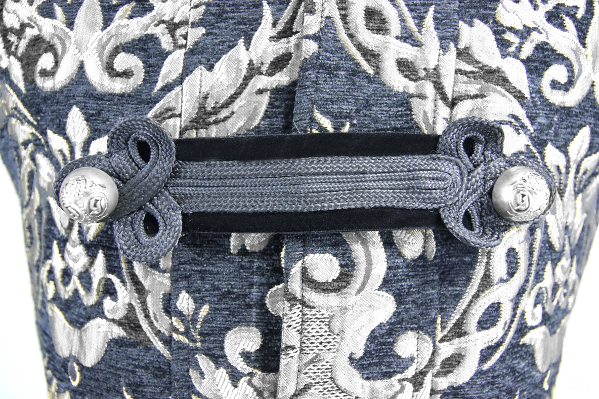 Dual metal button frog closure detail on black jacquard gothic sleeveless coat