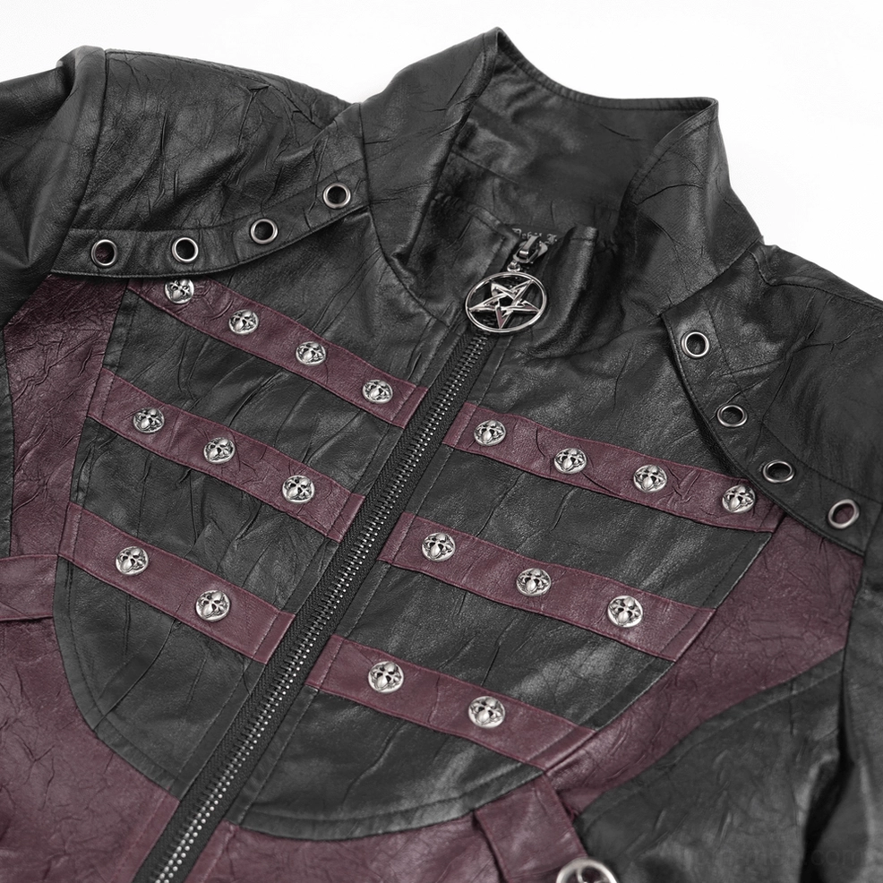 Close-up detail of gothic coat high neckline with wrinkled faux leather texture, pentagram zipper pull, wine red studded straps