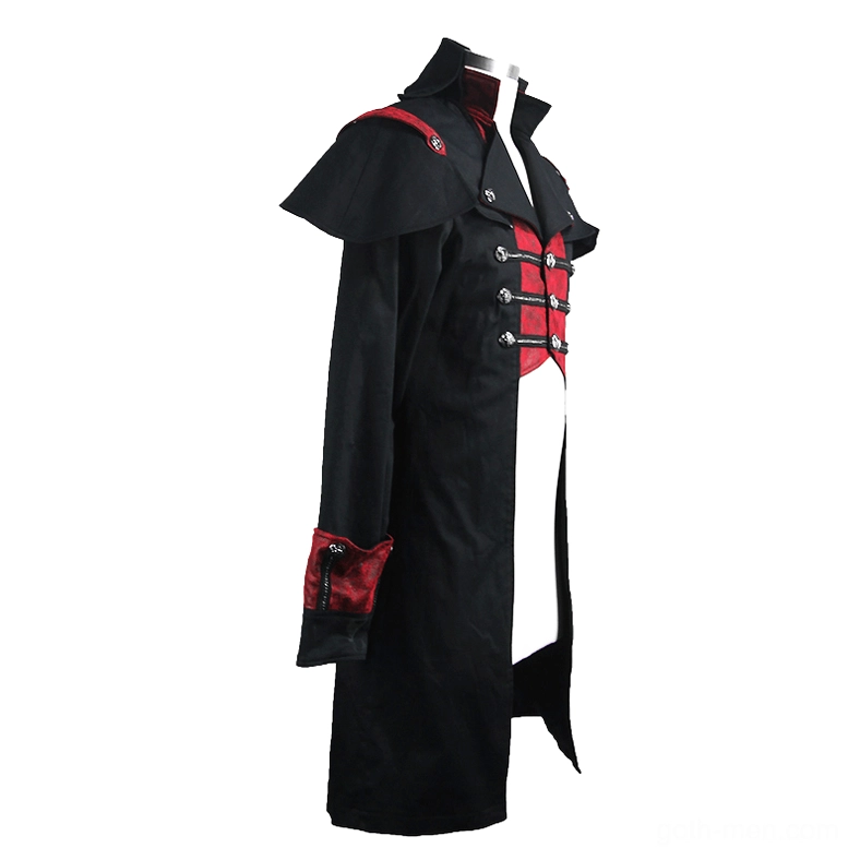 Open-front gothic long coat side view on mannequin with red front panel, metal toggle buttons, and slim tailored cut