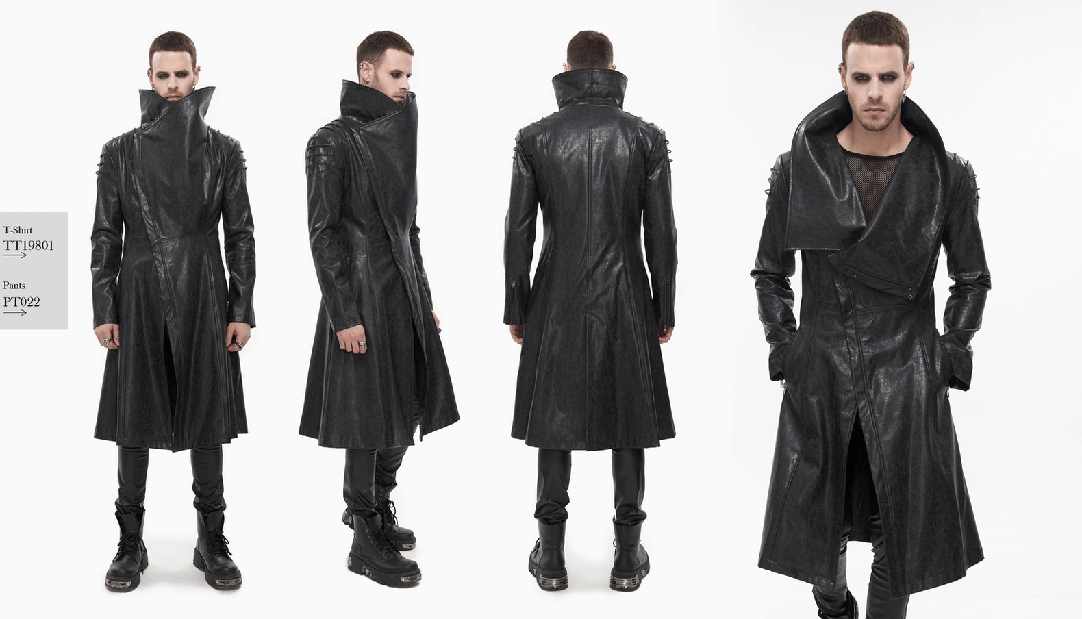 Overhead angled view of black gothic trench coat highlighting spiked shoulder decorations and collar structure on display mannequin