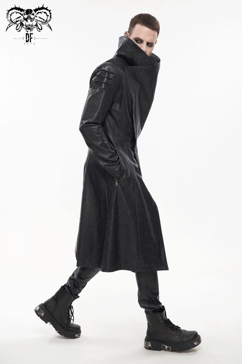 Close-up of gothic coat pocket detail and side seam construction on distressed black faux leather material