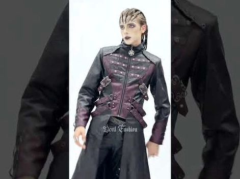 Promotional collage of gothic pentagram coat showing multiple angles, male model, fabric texture closeups, black wine red faux leather